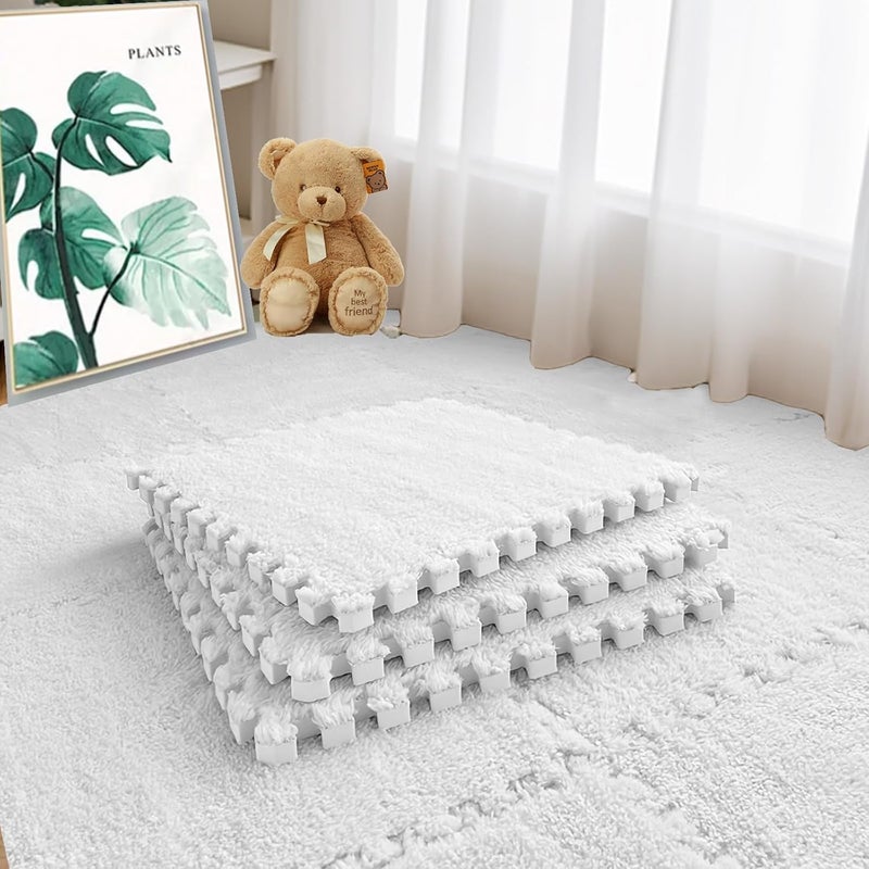 JADERLU 16pcs 0.6" Thickened Interlocking Tile Mats,Fluffy Shaggy Soft EVA Foam Area Rug for Living Room & Bedroom,Non-Slip Protective Floor Carpet Play Mat Kids Baby Dorm Home Decor (11.8ft, White) - Image 1